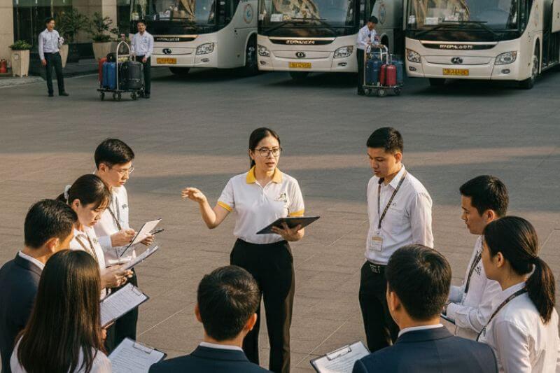 Dong DMC arrival coordinator briefing guides and coach captains before multi-coach hotel check-in